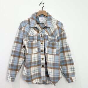 Liv & Lottie Cream Plaid Shirt Jacket size Small Oversized Preppy Boutique